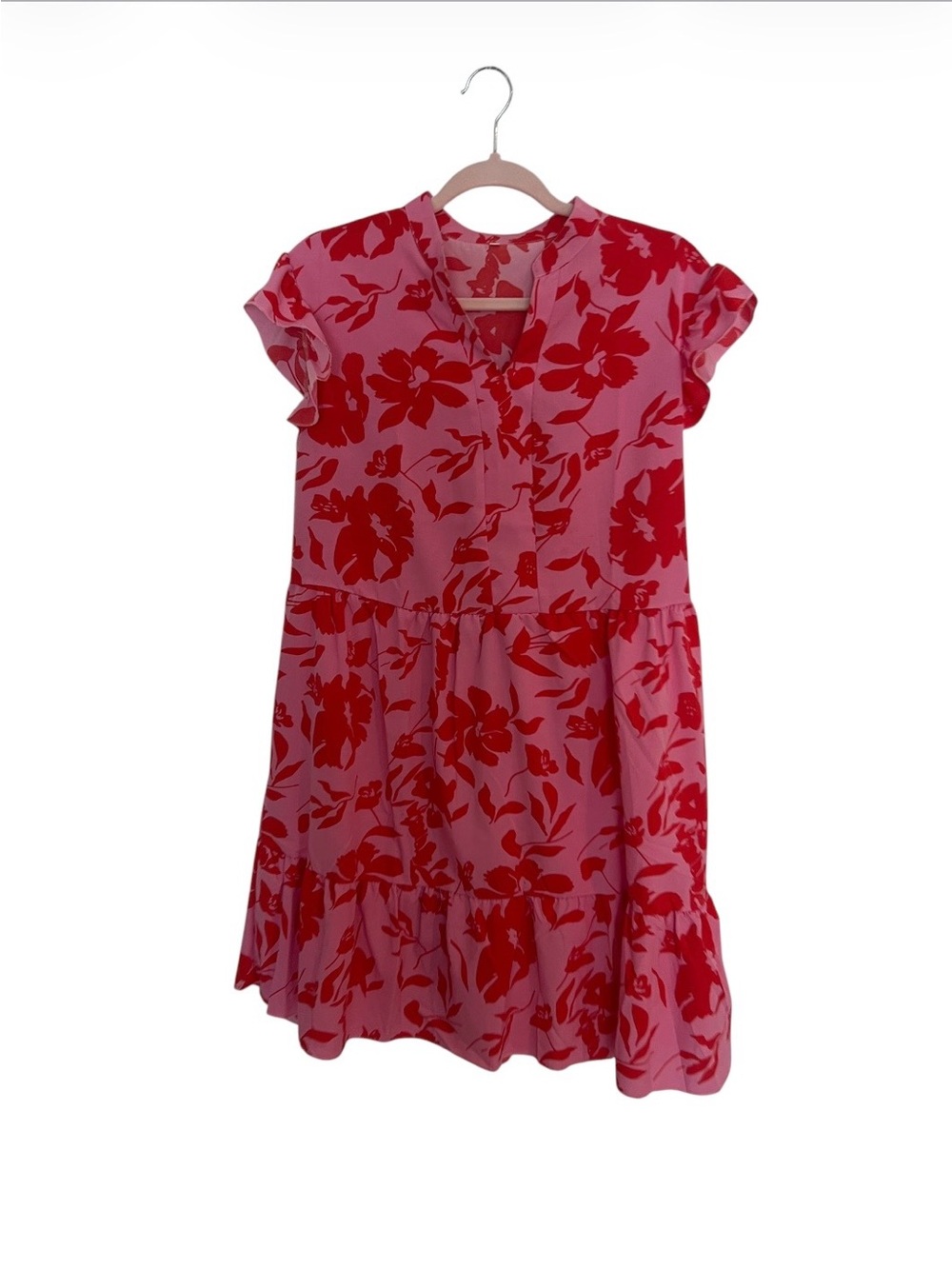 Casual Pink Floral Tiered Dress with Red Print